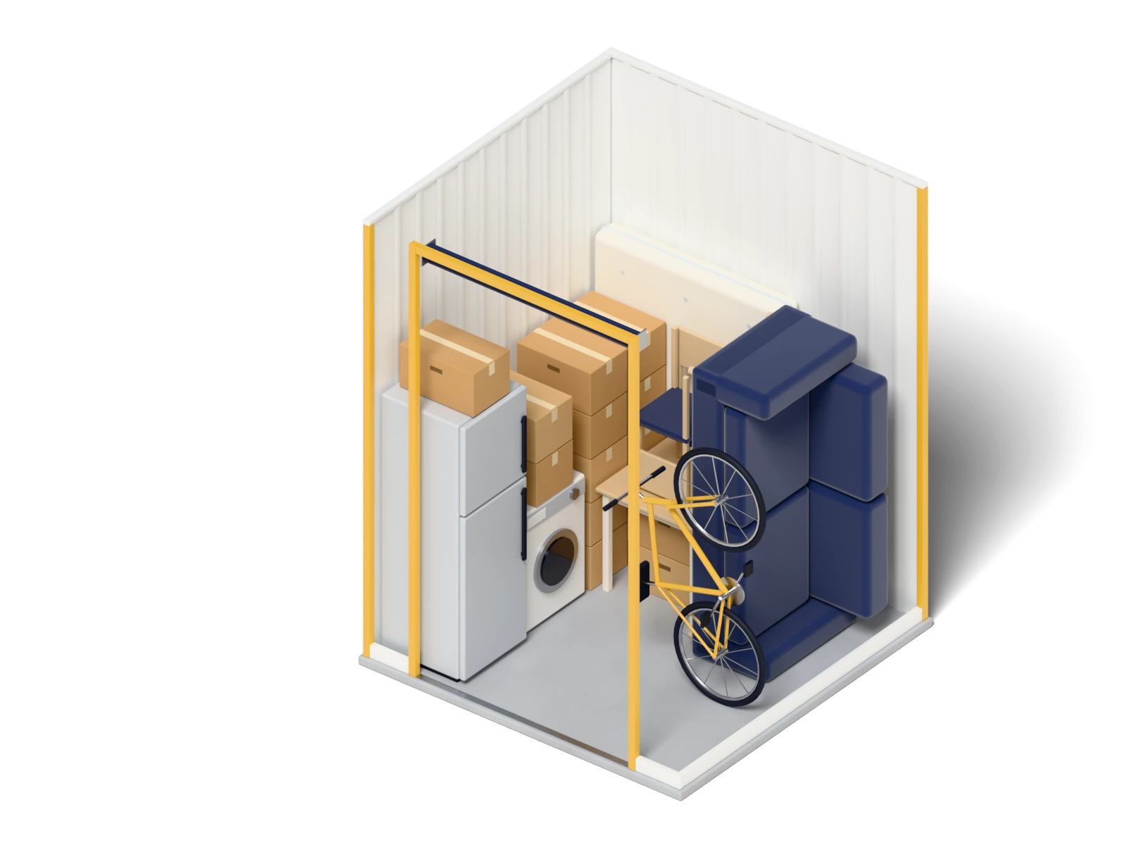Box de 5 m² ouvert, en exemple de rangement. Un studio&nbsp;: canapé, matelas, réfrigérateur, machine à laver, vélo, 15 cartons. Devant le box, la mascotte SOS BOX donne l’échelle : 1,75 m.