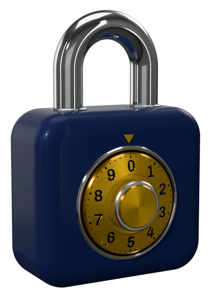 Le cadenas SOS BOX : corps bleu marine, anse chromée, molette dorée graduée de 0 à 9